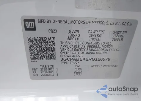 2024 Chevrolet Silverado 1500 2Wd Short Bed Custom z USA, uszkodzony, nr VIN 3GCPABEK2RG126578